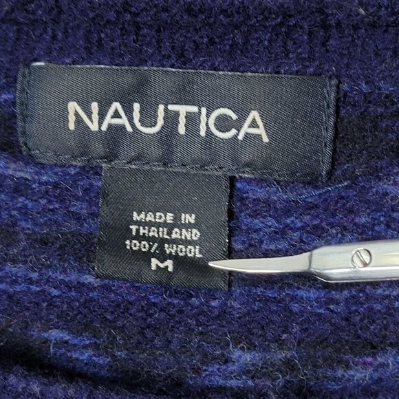 Vintage Nautica Mens Y2K 90s Blue Fair Isle Nordic Knit 100% Wool Sweater Medium - Picture 8 of 9